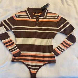 Nasty Gal Striped Brown and Cream Ribbed Polo Bodysuit